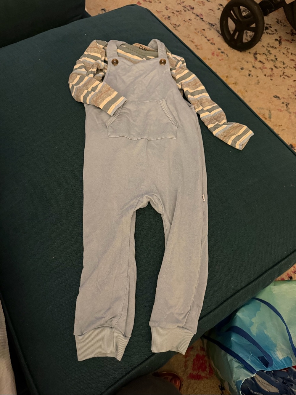 Light Blue Kids Overalls with Pocket and Long Sleeve Striped T- Little Sleepies